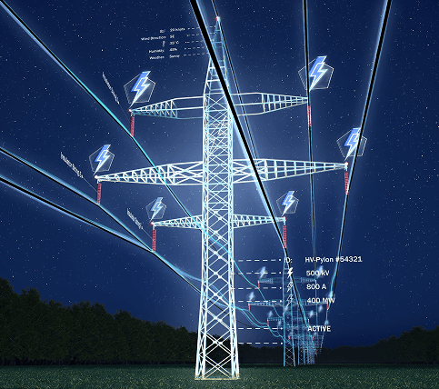 Transmission tower with data visualisation of energy flow